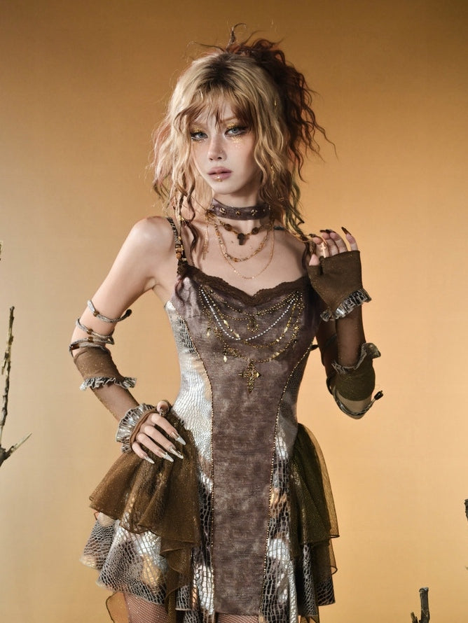 Asymmetrical Snakeskin Hem Pattern Punk Wasteland Brown Contrast Lace Patches Top Cami