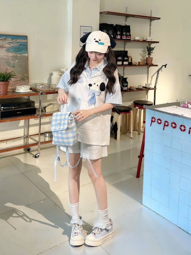 Two-pieces Puppy Ears Design Hood Pattern White and Puppy Faux T-Shirt Blue Plaid