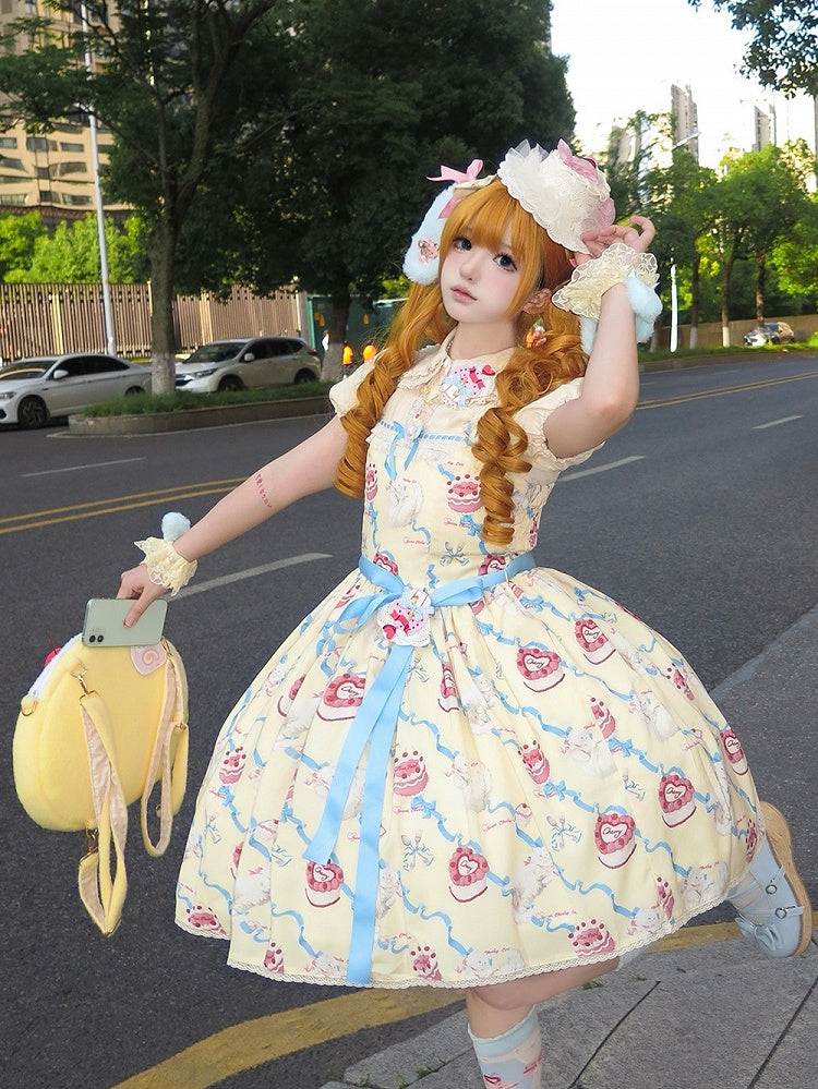 Cute Lolita Dress Sweet Showa Jumper Yellow Kitty Cream Print Skirt Fluffy
