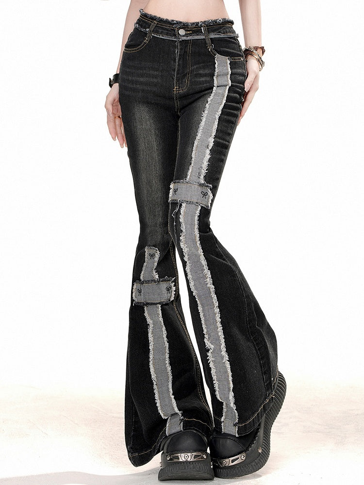 Stripes Raw Jeans Black Edge Flare with Distressed Waist High