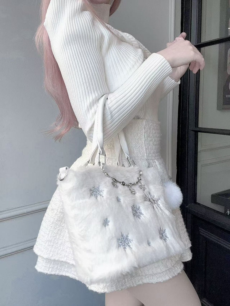 / Rhinestone Chain with Blue Tote Bag Light Beaded Chain Snowflake Embroidery Plush
