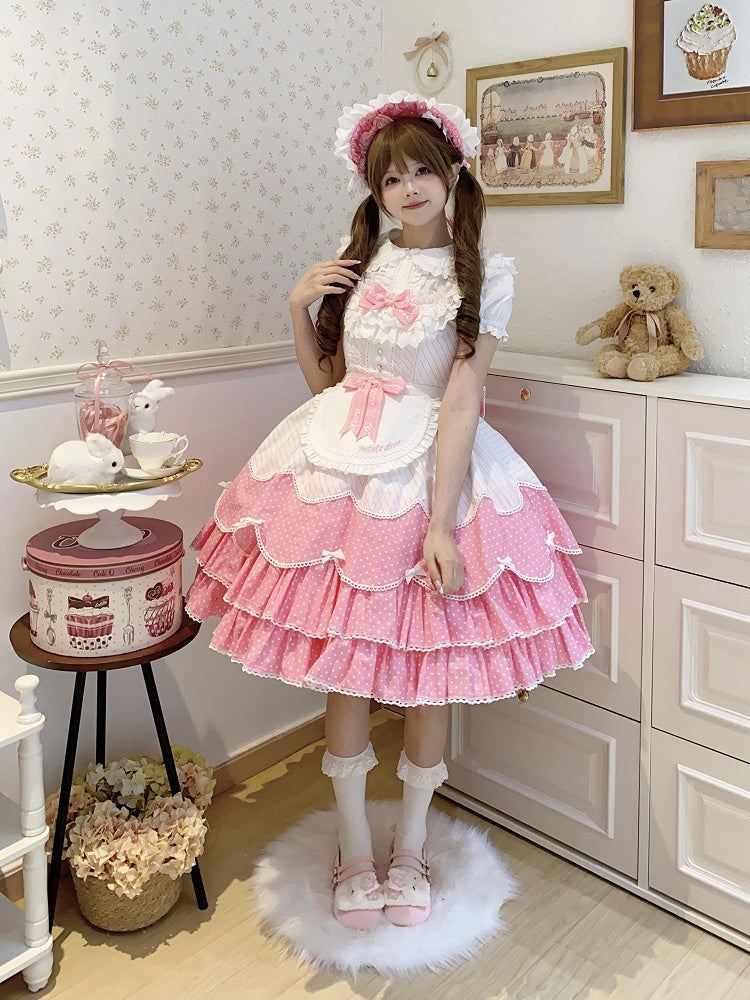Lolita Old School Pattern Dots Pink Polka and Stripes Jumper Dress Skirt