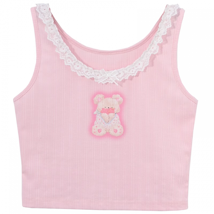 Neckline Pink Teddy Bear Print Lace Trim Sweet Tank Top