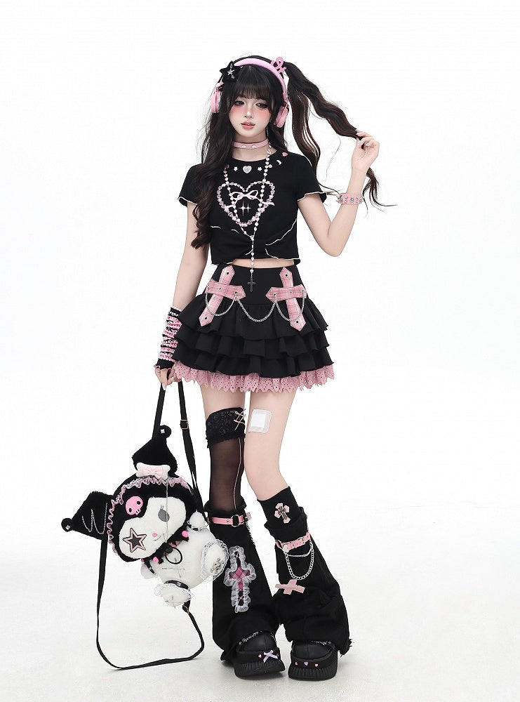 Pink/Red Plaid Cross Appliques Lace Trim Tiered Skirt Chains Decorated