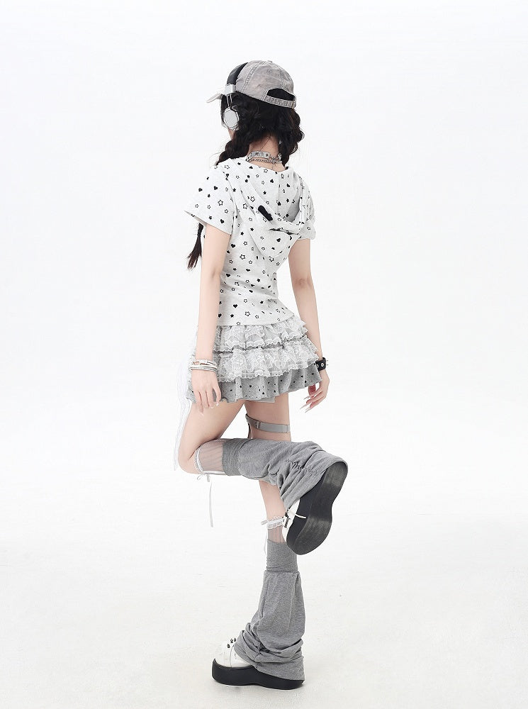White/Black Y2K Star and Heart Print Zip-up Off Kitty Ears Hood Allover Jacket