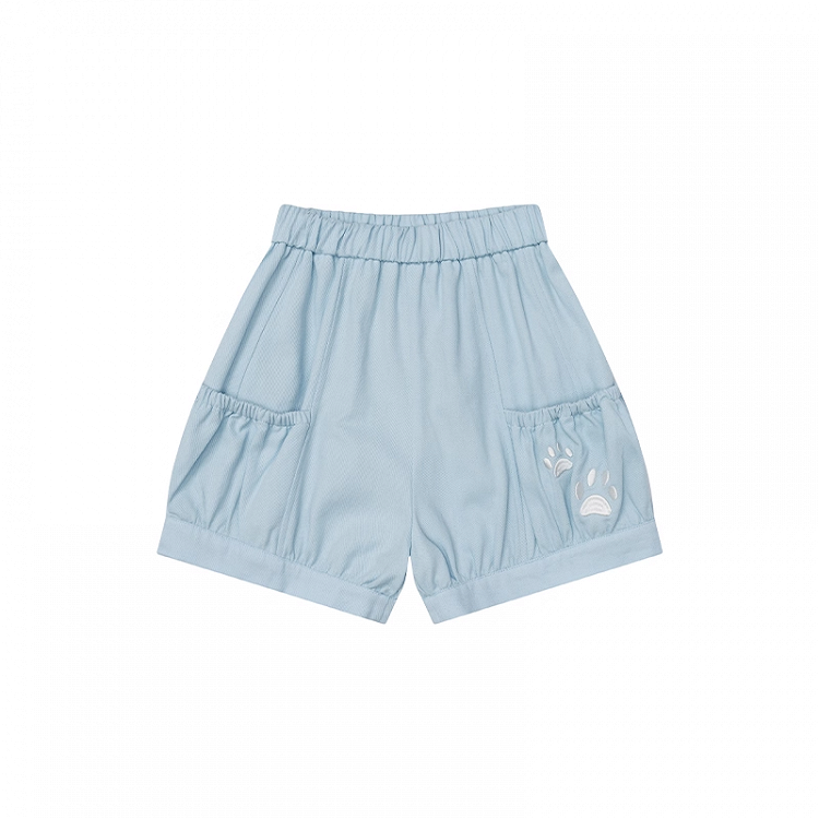Elastic Waist Shorts Paw Embroidery Pink/Blue/Black Kitty