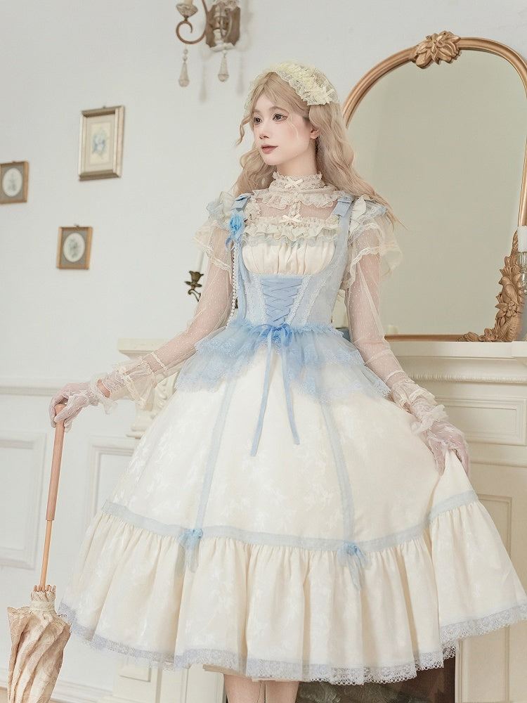 Blue Lolita Beige Full Slim Waist Set Versatile Light Neckline JSK Fit and