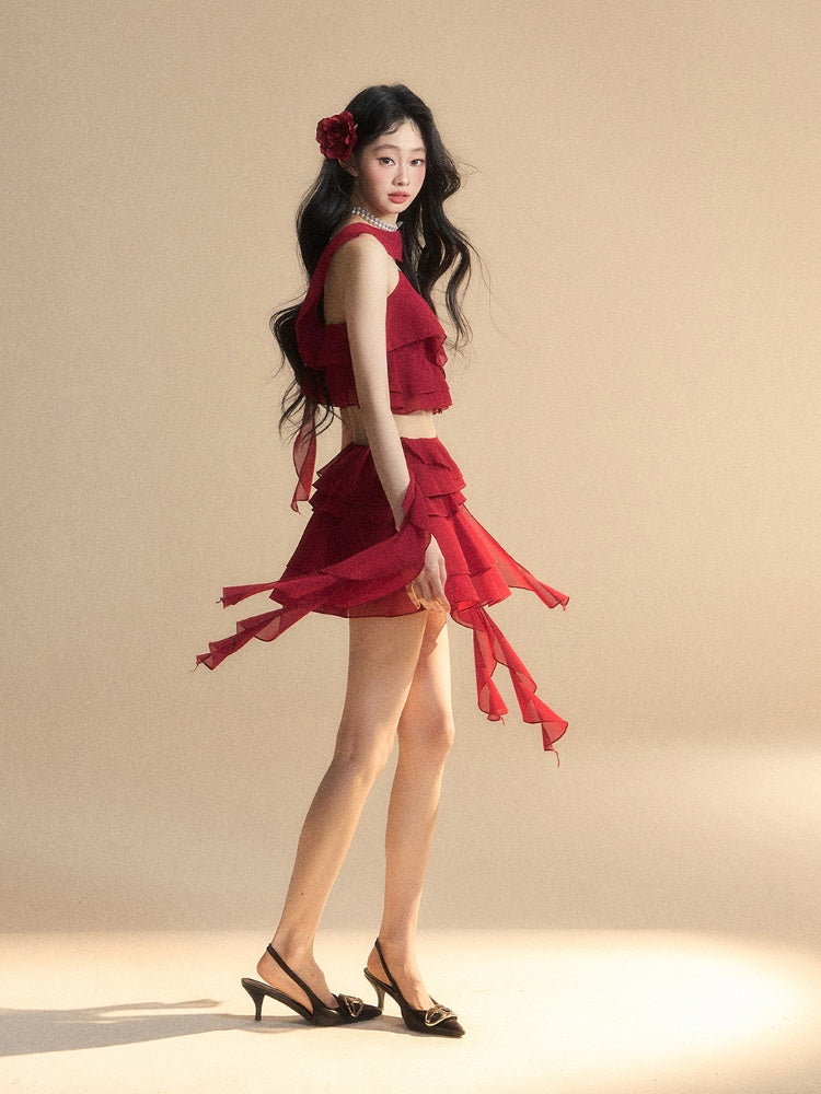 Scarf Red Chiffon V-Neck with Tiered Free Ruffles Cropped Cami Top