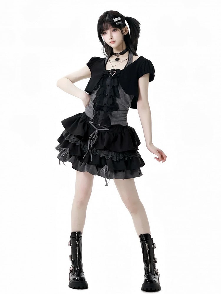 Skirt Cropped Top+Halter Neck Top+Tiered Sleeves Y2K Black and Gray Three Pieces Set - Short