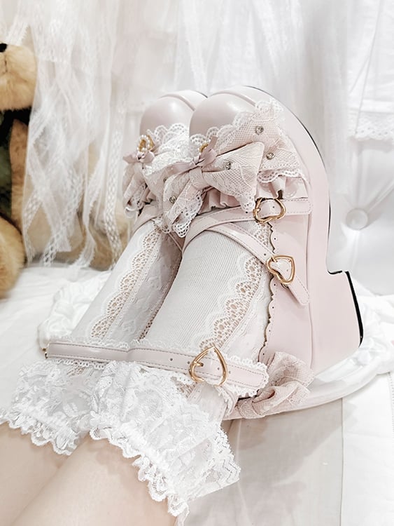 Bow Heart High Jirai Pink Schuhe Schnallen Block Design Top Heels Crisscross auf Plattform Kei
