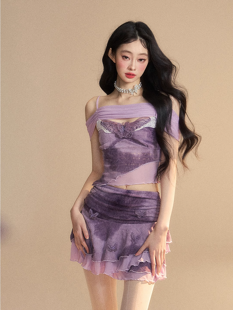 Neckline Butterfly Embroidery Top/Butterfly Accents Applique Glamorous Tiered Skirt Lavender Off-the-shoulder