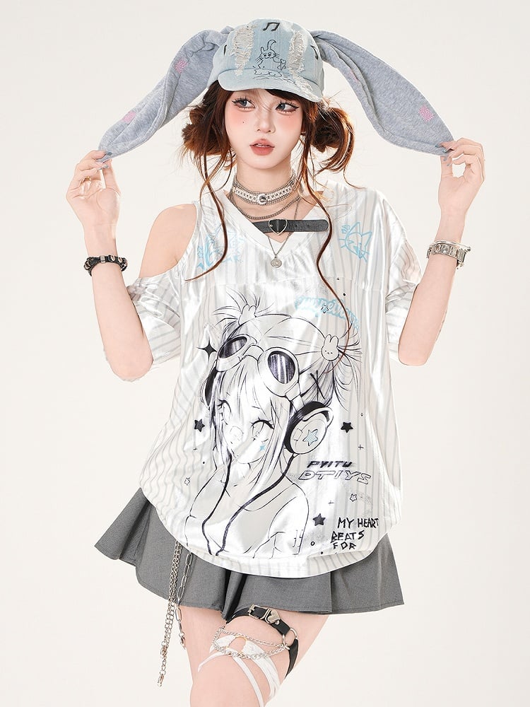 Satin-T-Shirt mit Anime-Mädchen-Print und ausgeschnittenen Schultern, weißes Muster, gestreifter V-Ausschnitt
