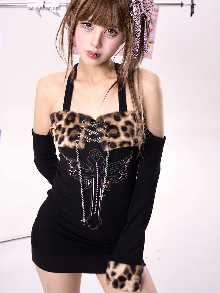 ギャルファッション ブラウン ヒョウ柄 プラッシュヘム クロス&ウィングプリント グラマラスドレス