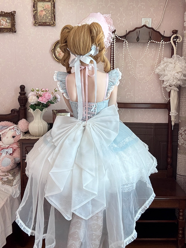 Leichter Stufenrock Blau Balletcore Sweet Lolita Pullover Flatterärmel Dreilagig