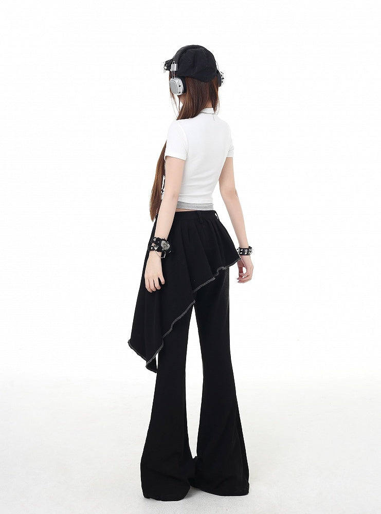 Waist Lace Belt Flared Pants Black Asymmetrical Hem Lace-up Faux Two-Piece Detail with