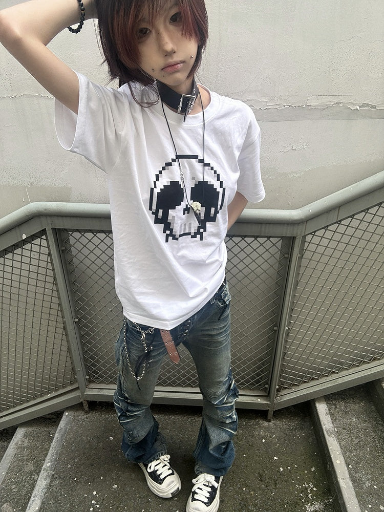 Pixel Round Neck T-Shirt Skeleton Print Cotton Black/White
