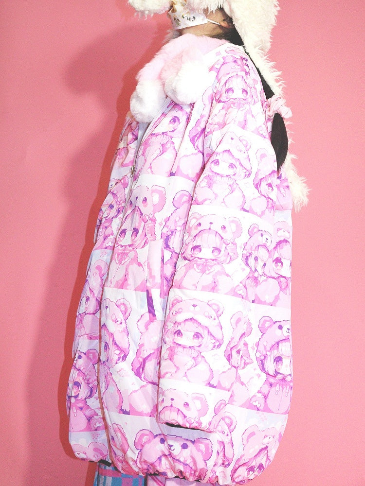Puffer Jacket Pink Y2K Cartoon Print Hooded