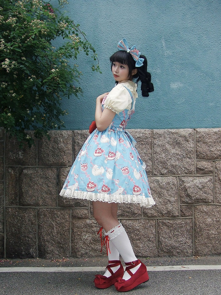 Lolita Blue Print Showa Sweet Cake Fashion Cherry and Dress Kitty