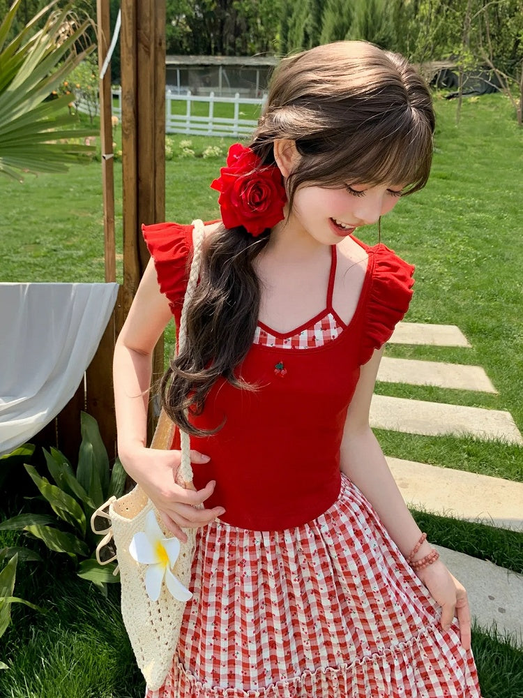 Faux Tank Top Neckline Embroidery Red Halter Neck Flutter Sleeves Cherry Two-pieces