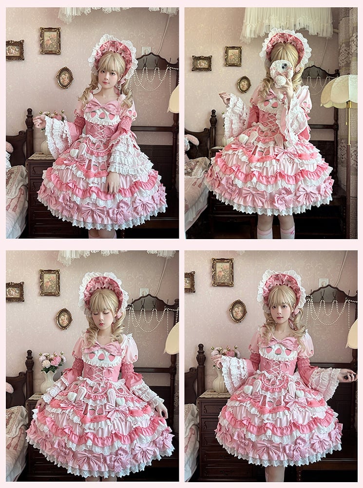 Four-pieces Pink Lolita Sweet Set-Tiered Creamy Strawberry Bunny