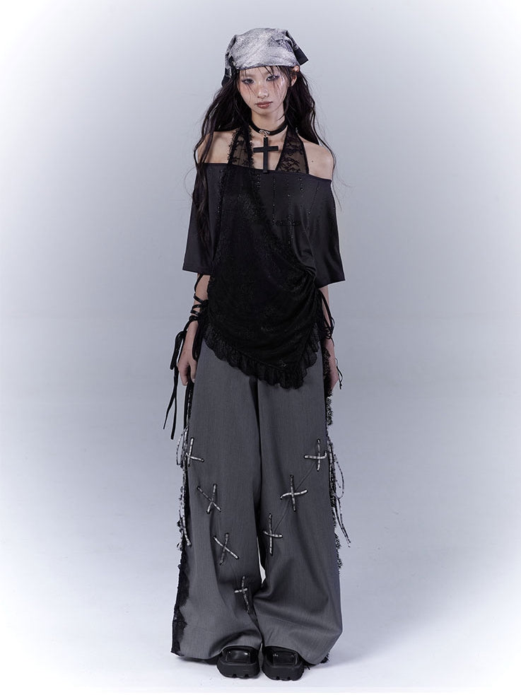Dark Gray Lace Patches Details with Casual Pants Side Lace-up