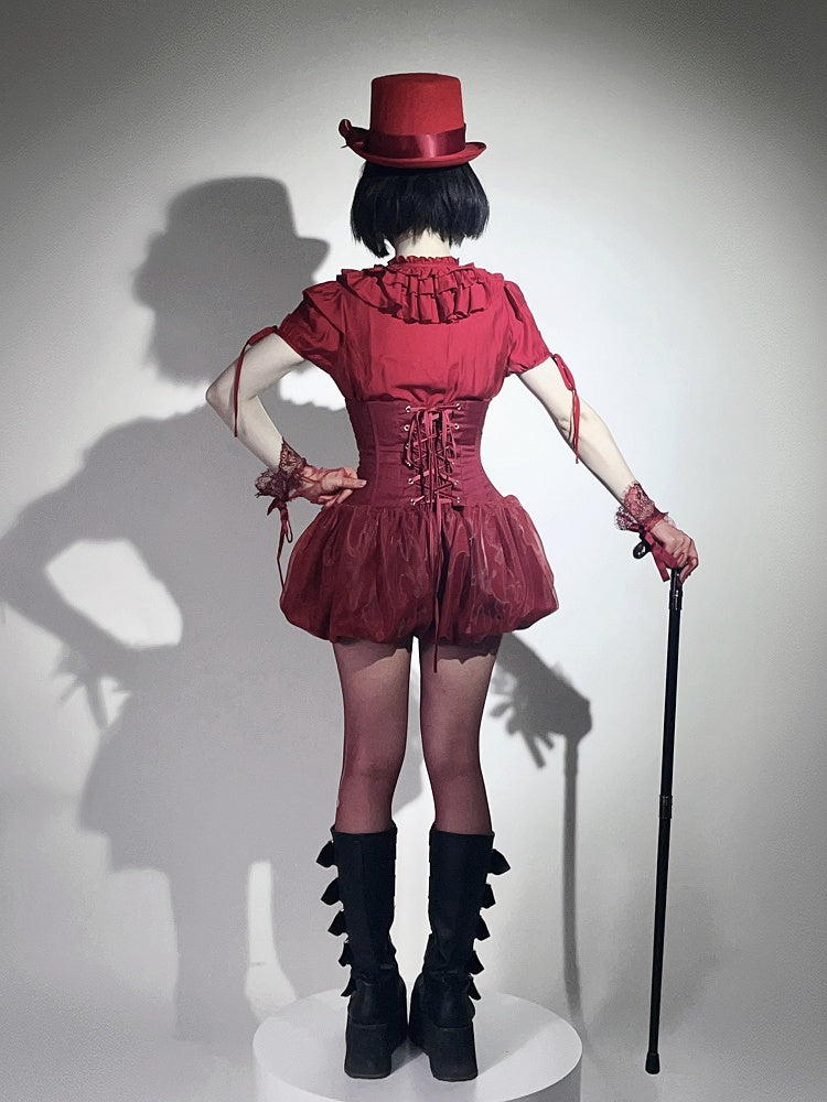 Waist Lolita Blouse Layered Ruffles Gothic Smocked Neckline Red with Elastic