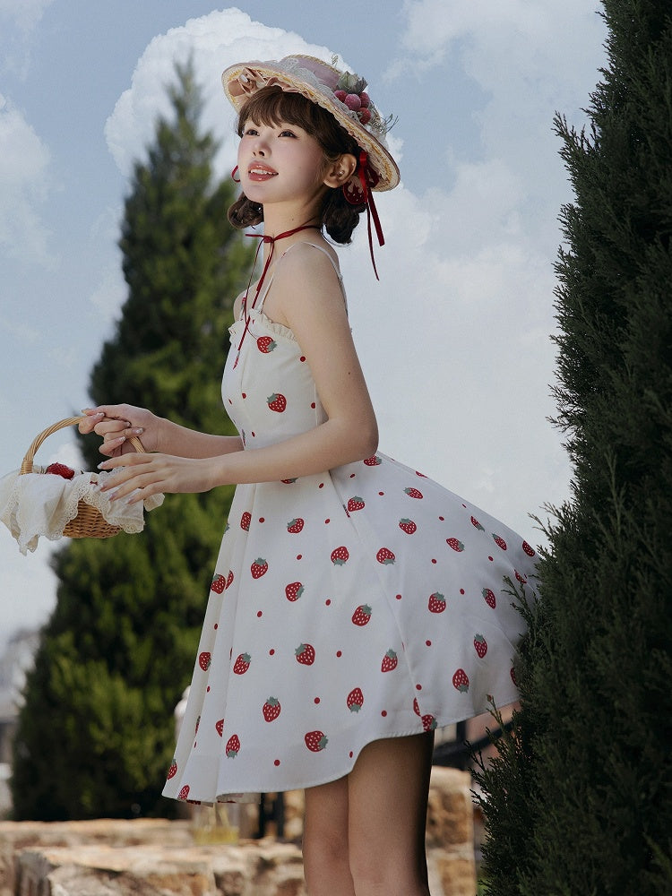 and White JSK Sweet Dress Polka Dots Summer Lolita Strawberry Sun Print