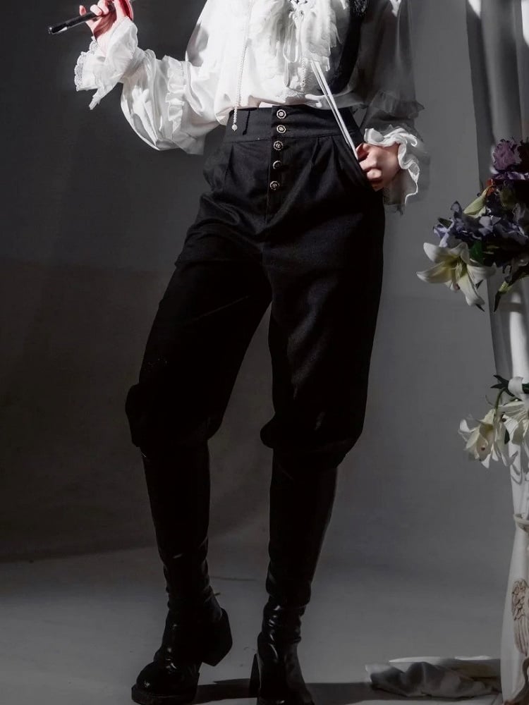 High-Waisted Pants with Details Ouji Button Lolita Black