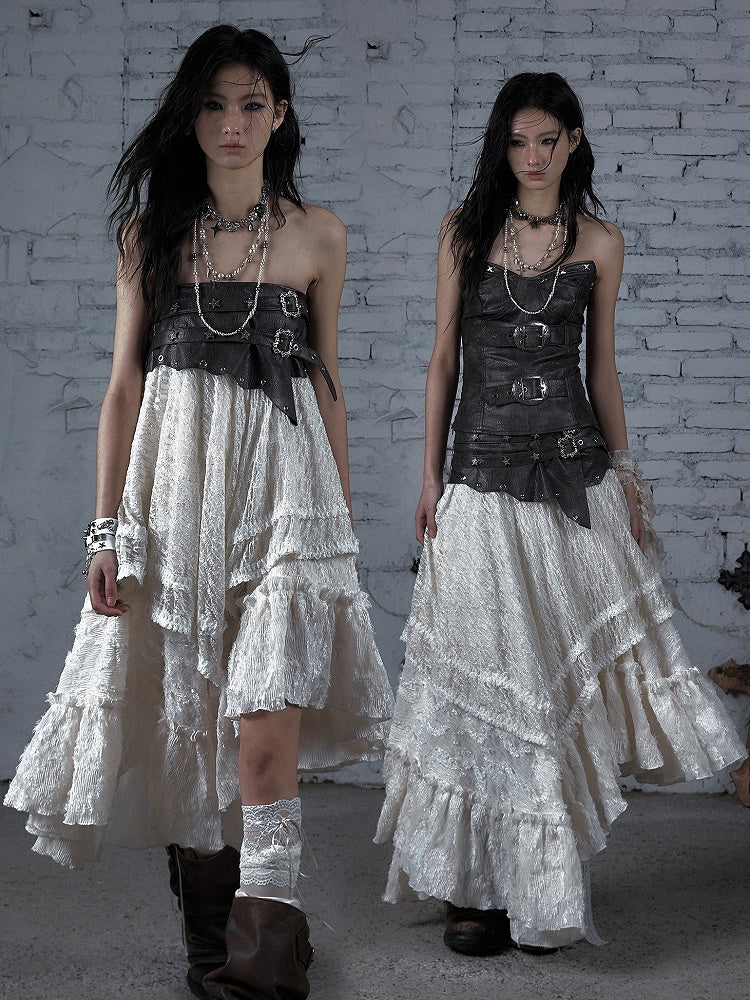 Star Wasteland White Punk Waistline Skirt Flounce PU Asymmetrical Studs Hem