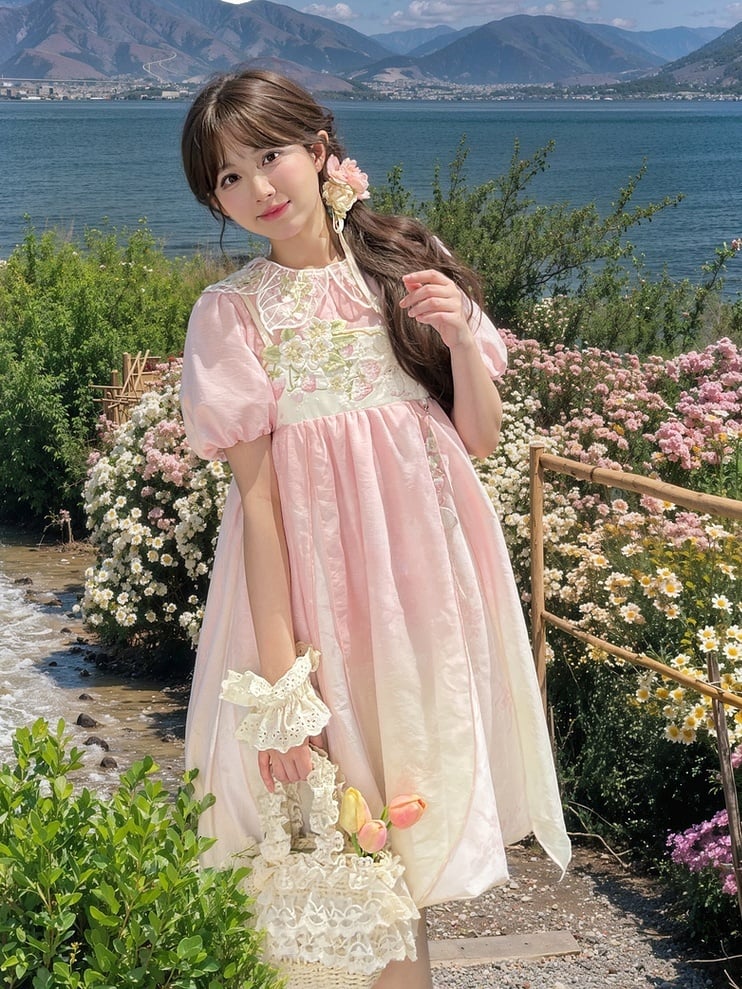 Ombre Style Spaghetti Strap Dress Empire Pink Waist Strawberry Embroidery Cheongsam