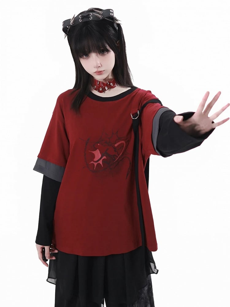 Graphic Top with Detachable Sleeves Style Black Cheongsam Red and