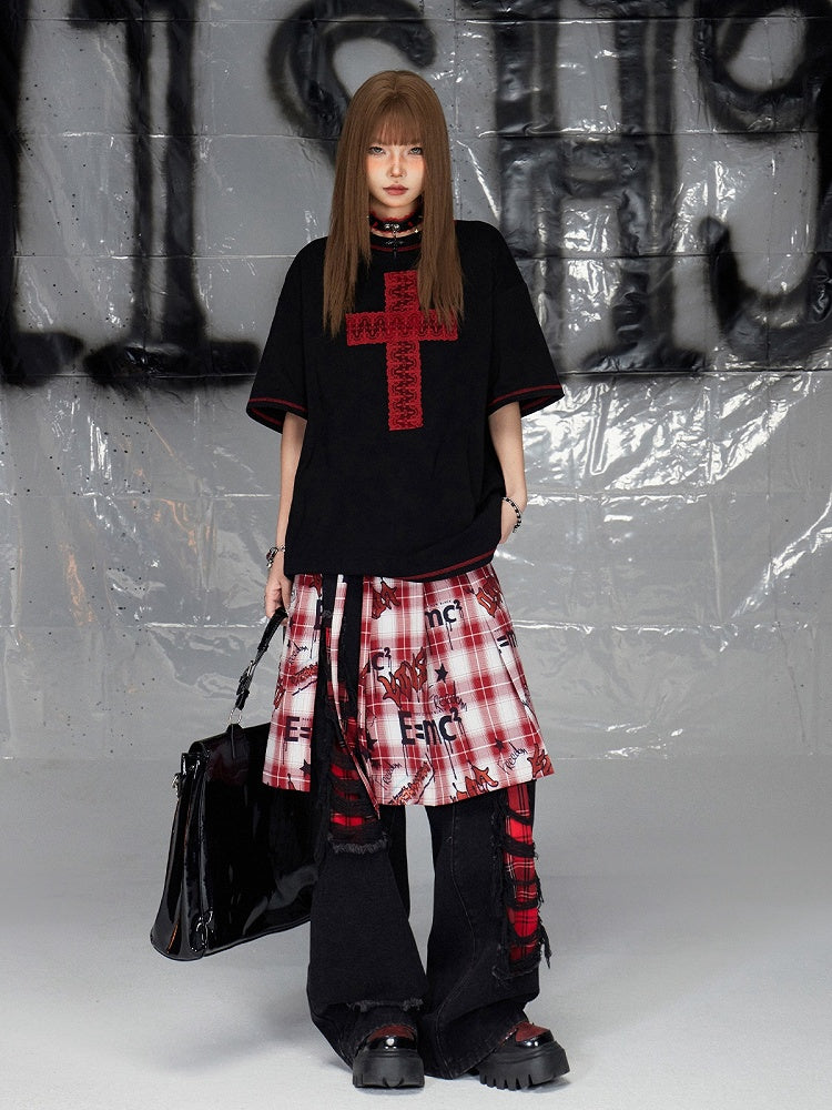 Black Distressed Holes Plaid Pattern Straight-leg Cut Jeans