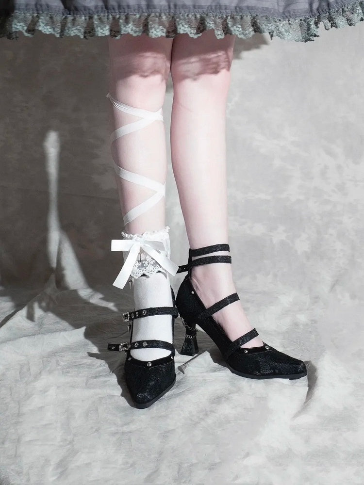 Gothic Black Pointed Toe Lace 8.5cm High Heels Multiple Buckle Straps