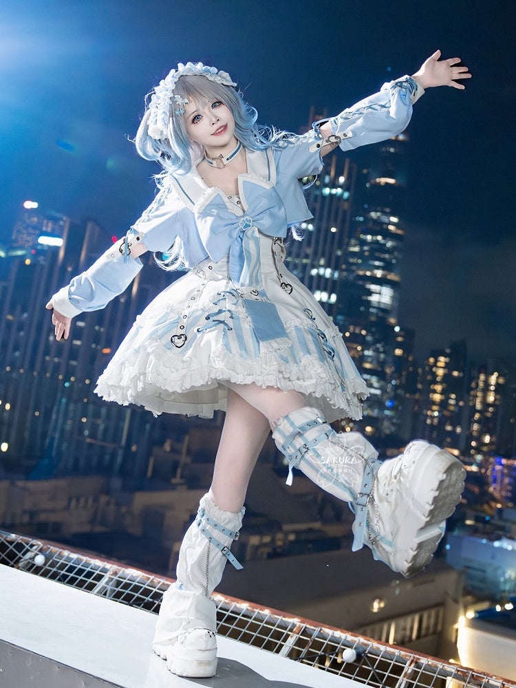 Kitty Light Bow Kaiwai Set Blue JSK Dress Cropped Tenshi Lolita Sailor Striped Big Top Pattern Ears + - Collar