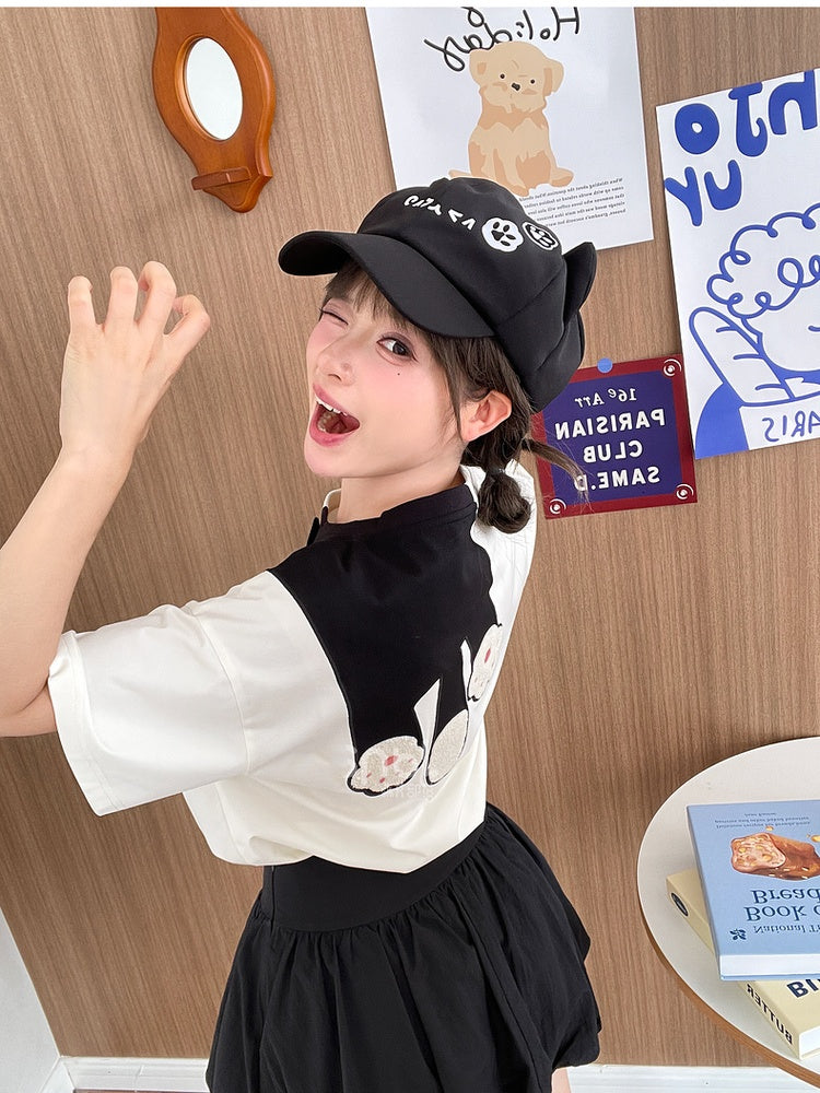 White Round Neck Cute Cat Print T-Shirt Loose
