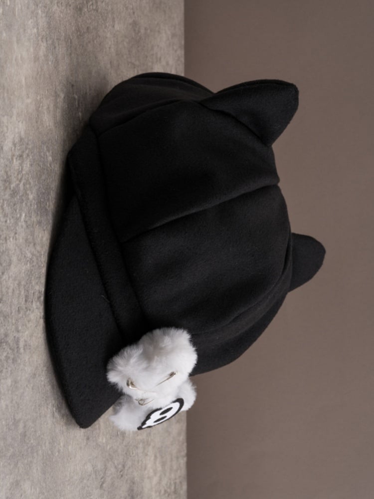 Applikation Baskenmütze Knochen Pin Katze Hut Plüsch Skelett Design verziert Ohr Gothic schwarz