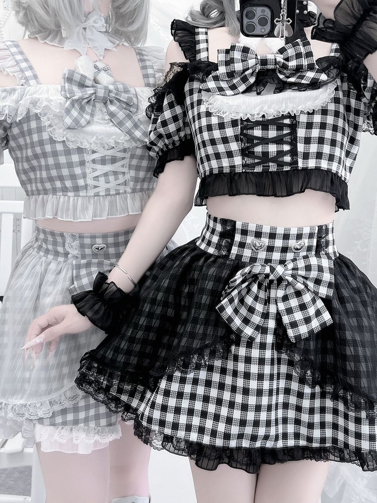 Off-the-shoulder Choker Bowknot+ Design Bunny Waist Plaid Idol High Neckline Skirt+ Set- Ears + Top Jirai Kei Black
