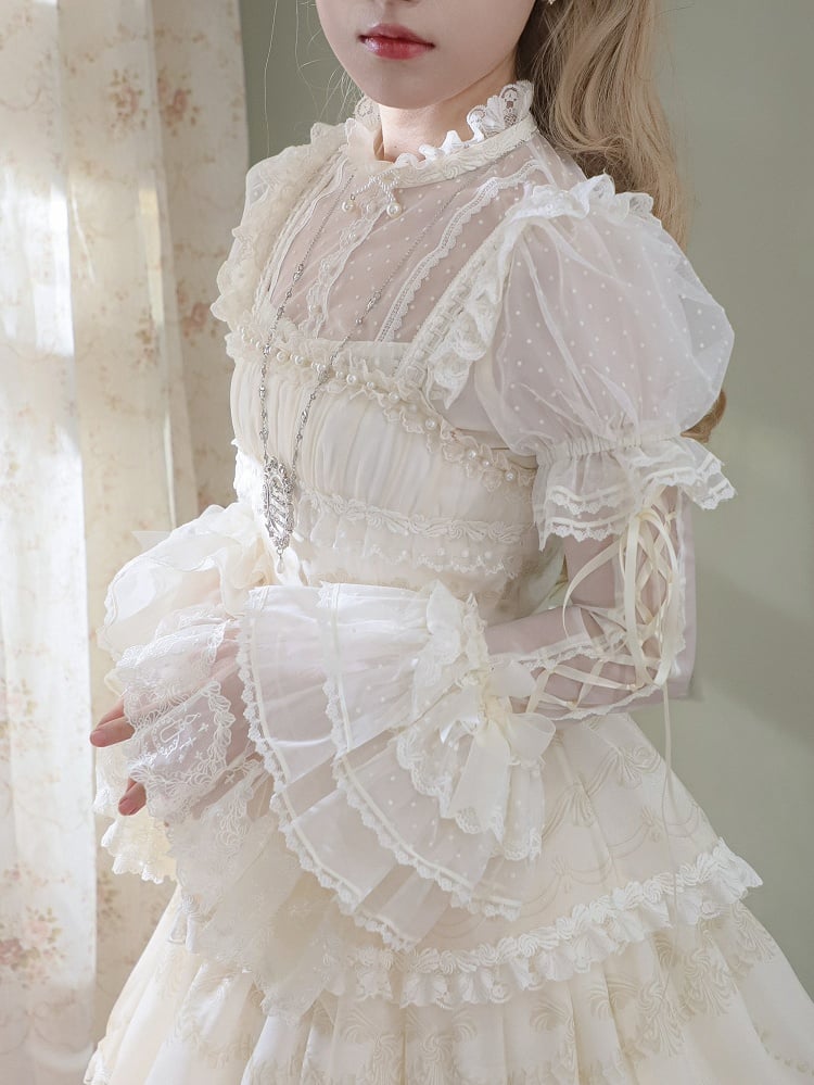 Tüll Weiß mit Ärmeln Creme Abnehmbare Bluse Gepunktet Puff