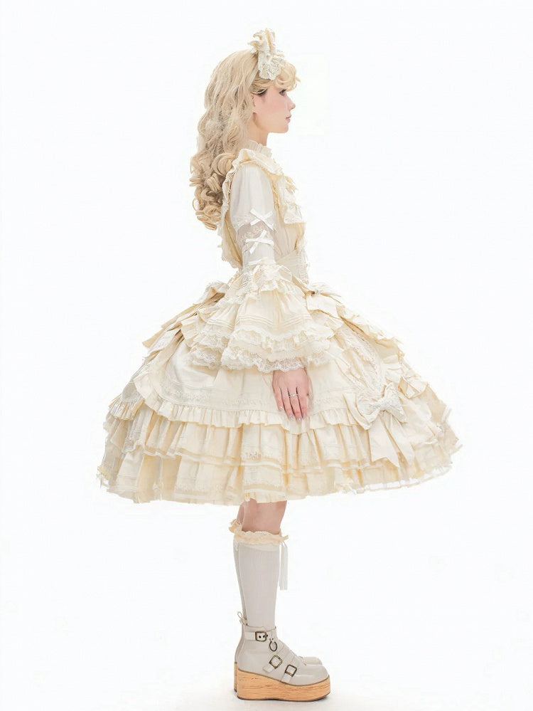 Accents Dress Beige Layered Hem Under Ruffle Sweet Lolita with Bust Bow