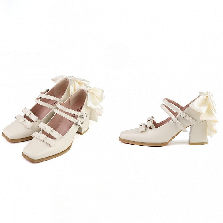 Schuhe mit Schleife, weißer Zehenpartie, zwei Akzente, quadratischer Block – elegante High Heel-Schnallen