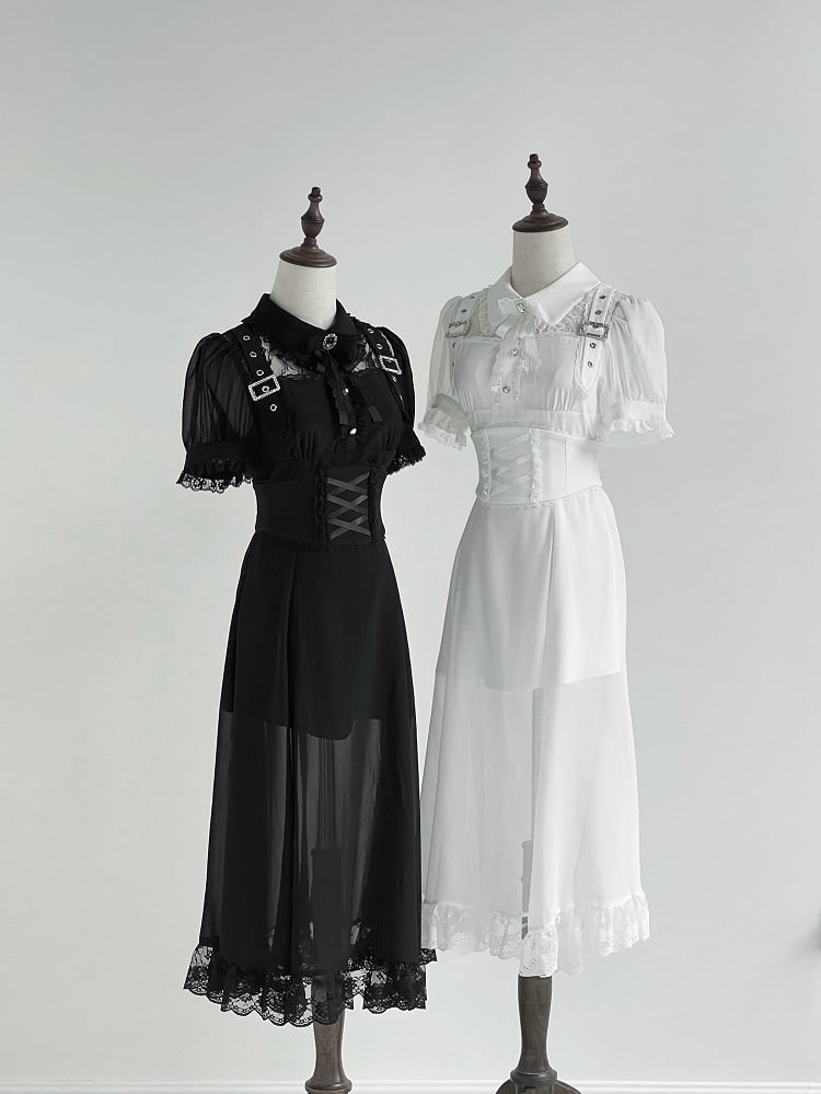 Free Belt Neckline Buckle Jirai Kei White Long Dress Illusion Accents Corset with