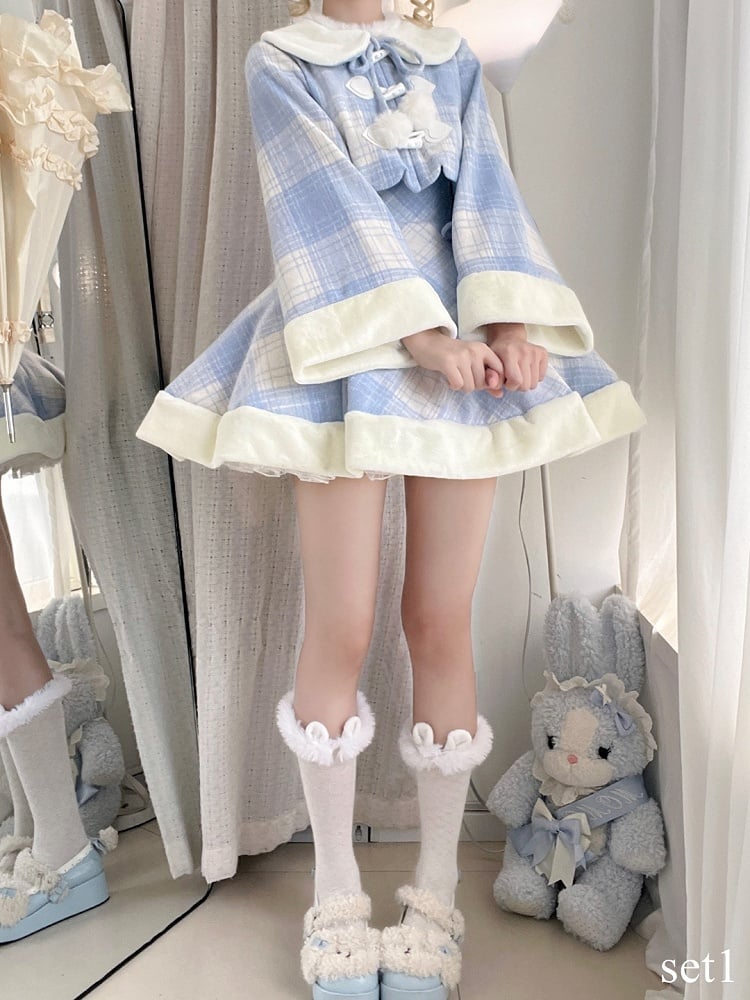 for Dress Blue Autumn and Paired with Embroidered Winter Coat Sweet Lolita Plaid Cherry