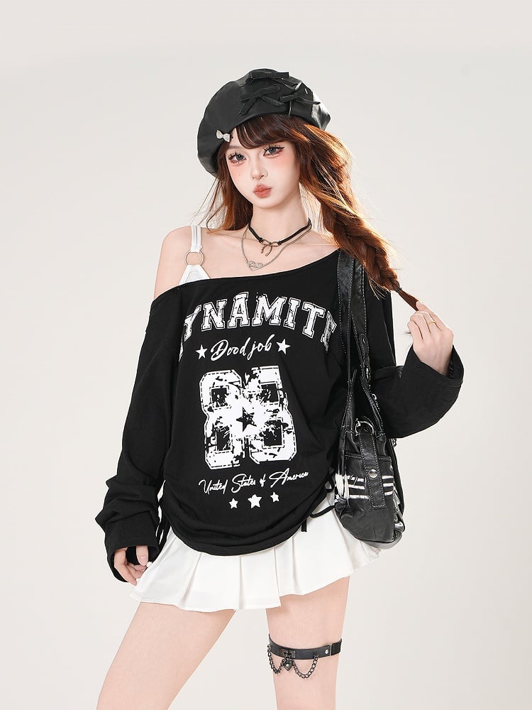 Asymmetrical Neckline Number and Letter Print Drawstring Side