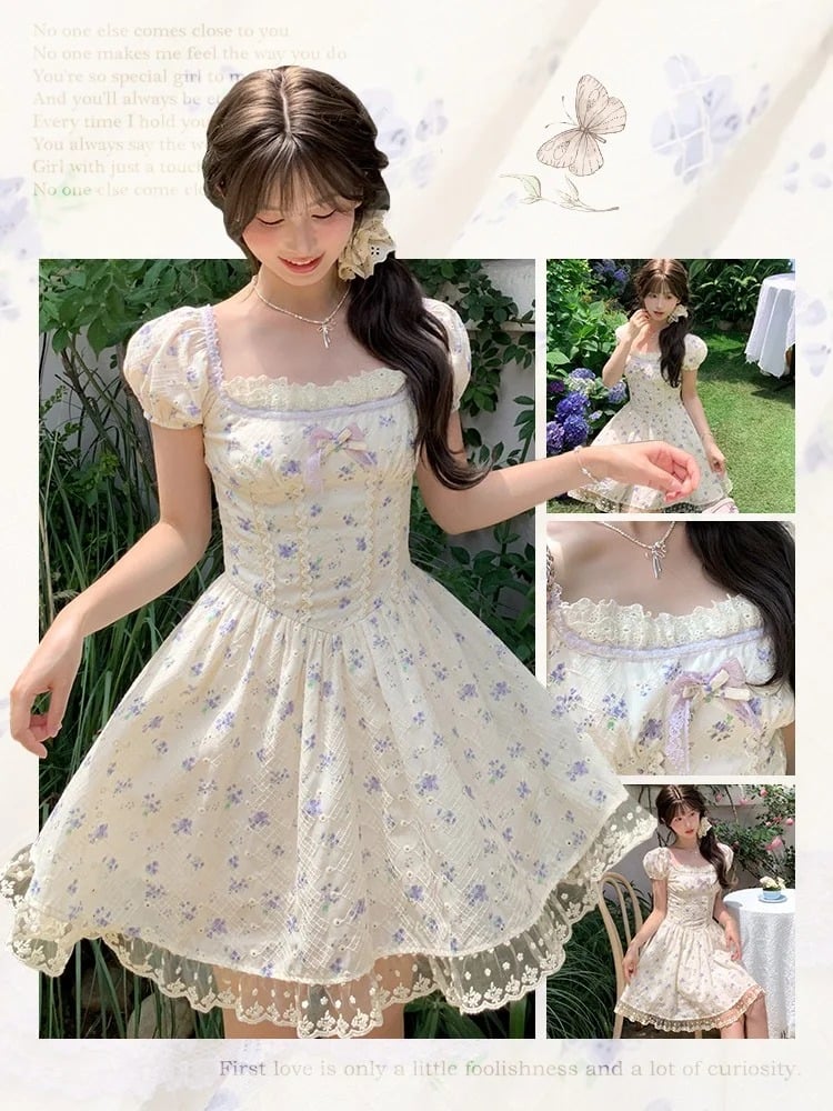 Kei Floral Dress Mori Beige Square Neckline and Short Puff Sleeves