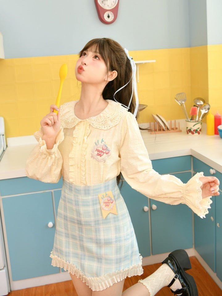 Yume Kawaii Strawberry Cake Embroidered Creamy Yellow Lace Peter Pan Collar Blouse