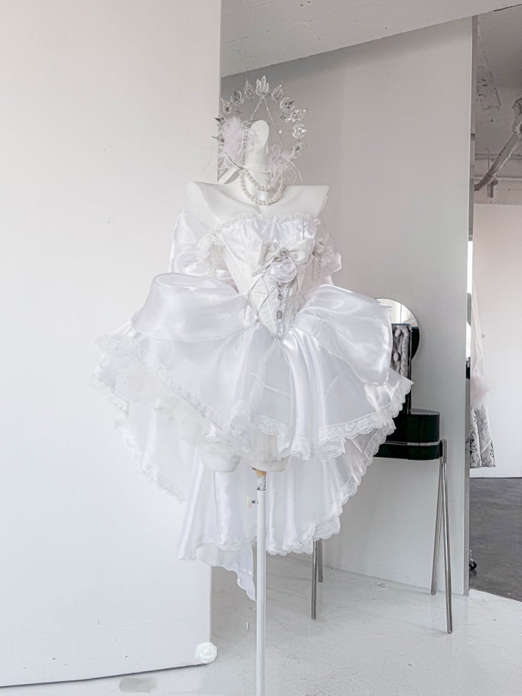 Rhinestones Balletcore Puffy Skirt White with Decorated Set Boned Corset Waist Strapless Top