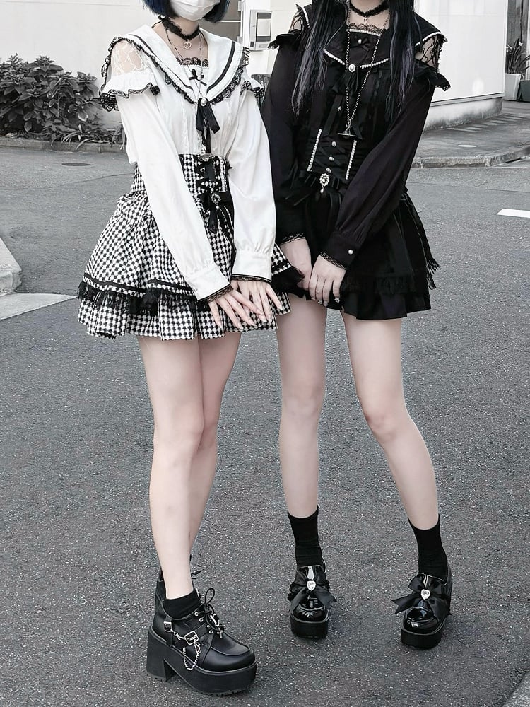 Pendant Trim Blouse Lace with Jirai Kei Black/White Sailor Collar Cutout Choker Shoulder Heart