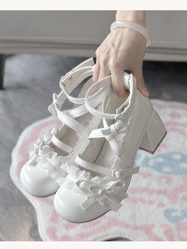 Schuhe Dreamy Lace – Mittelhoher weißer Lolita-Absatz mit Rüschen