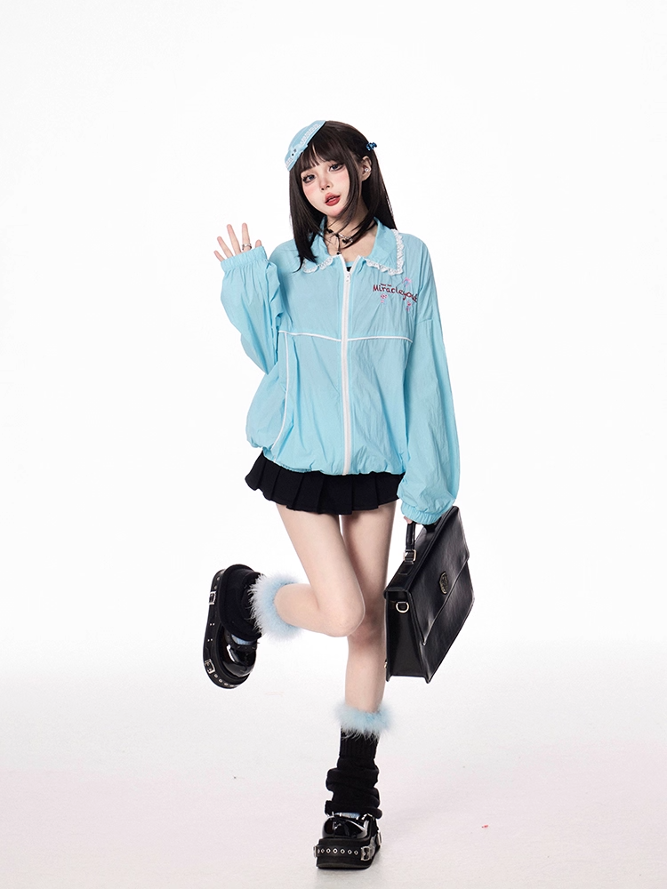 Hem Shirt Collar Elastic Cuffs and Zip-up Jacket Blue