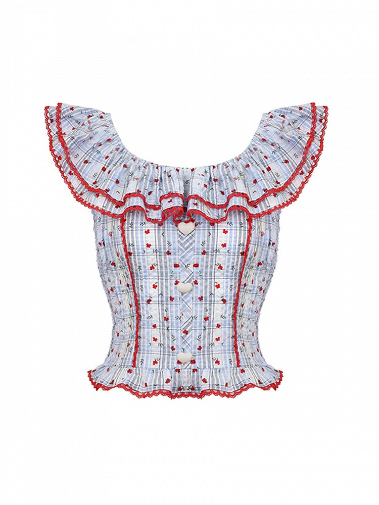 Print Red Floral Off-the-shoulder Top Blue Plaid Neckline